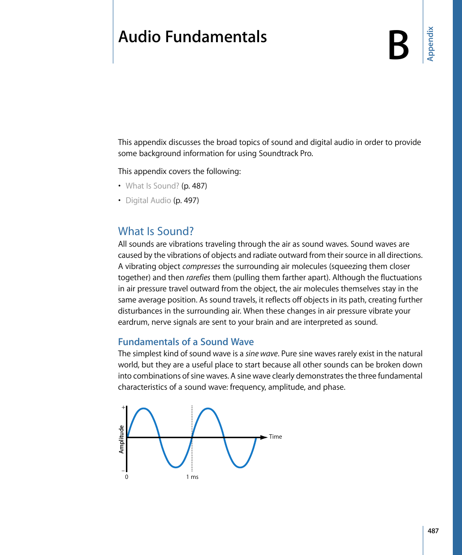 Appendix b: audio fundamentals, What is sound, Fundamentals of a sound wave | Audio fundamentals | Apple Soundtrack Pro 3 User Manual | Page 487 / 542