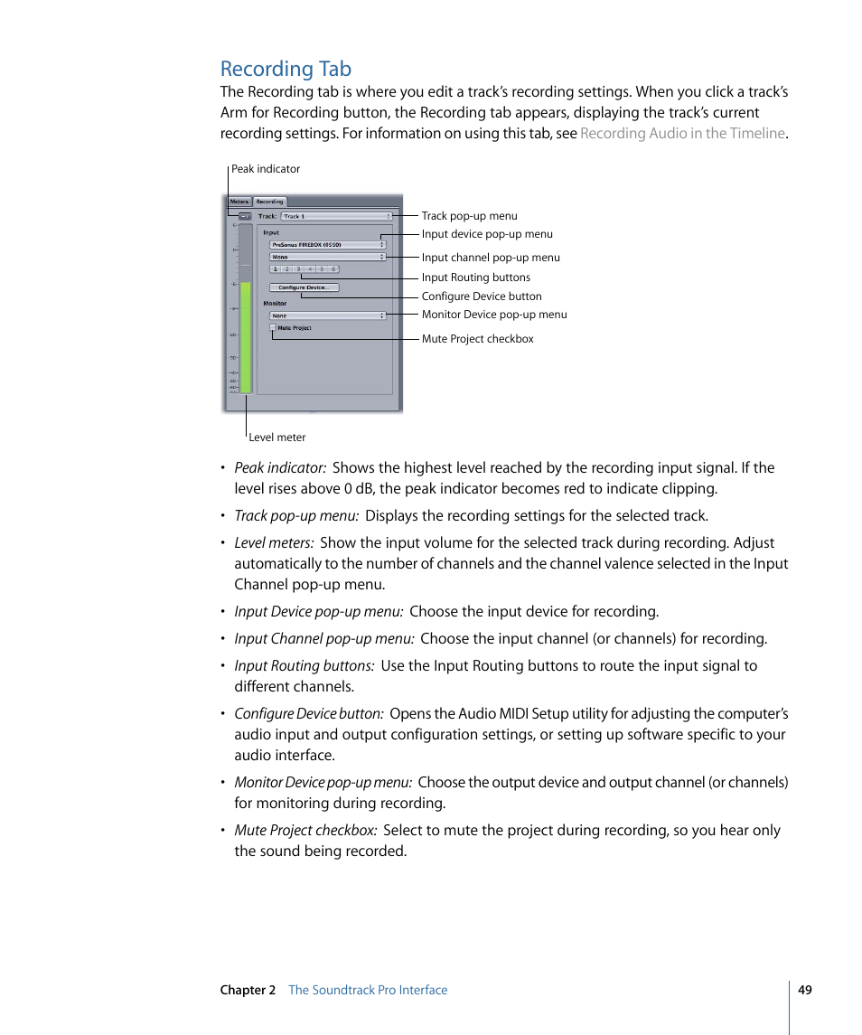 Recording tab | Apple Soundtrack Pro 3 User Manual | Page 49 / 542