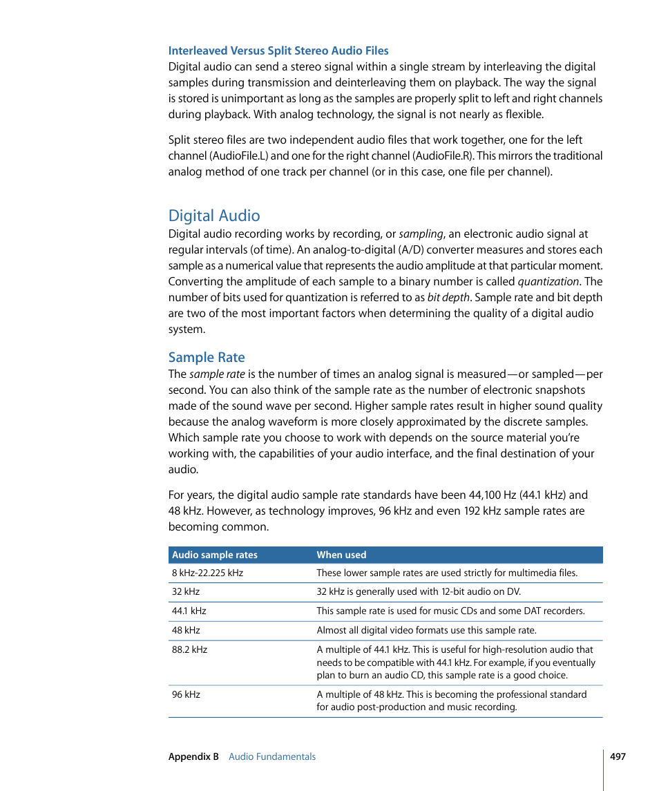 Interleaved versus split stereo audio files, Digital audio, Sample rate | Apple Soundtrack Pro 3 User Manual | Page 497 / 542