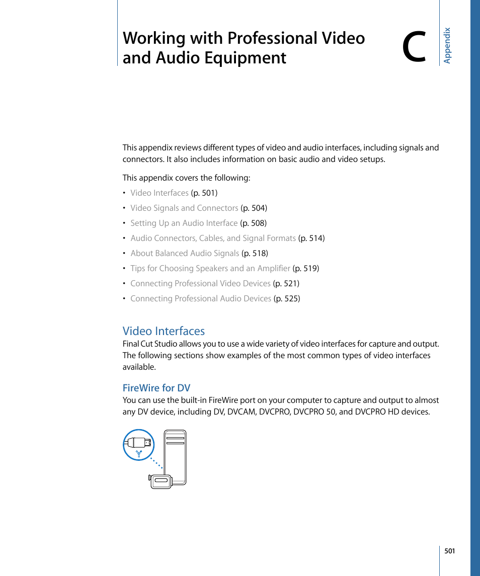 Video interfaces, Firewire for dv, Working with | Professional video and audio equipment | Apple Soundtrack Pro 3 User Manual | Page 501 / 542