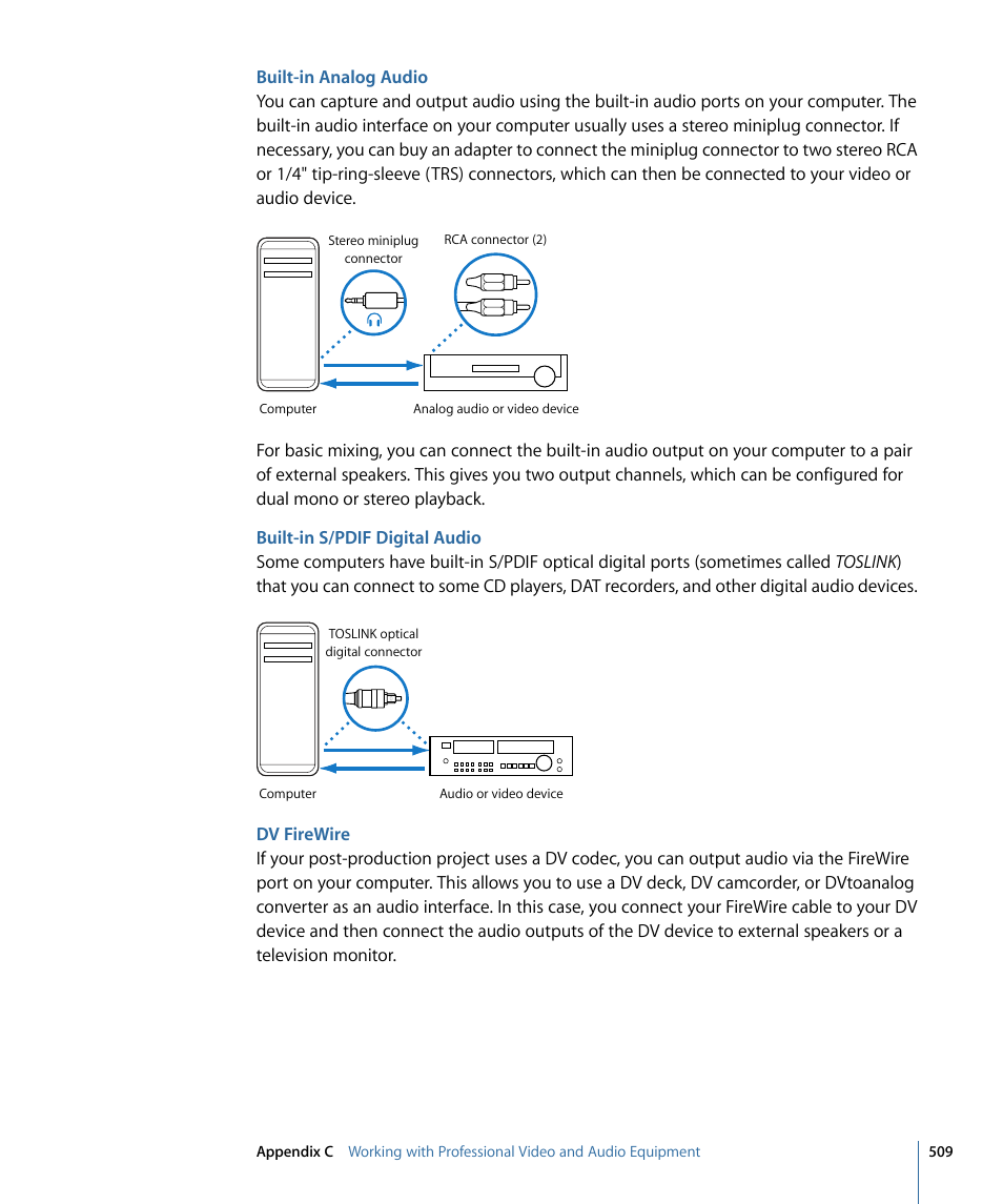 Built-in analog audio, Built-in s/pdif digital audio, Dv firewire | Apple Soundtrack Pro 3 User Manual | Page 509 / 542