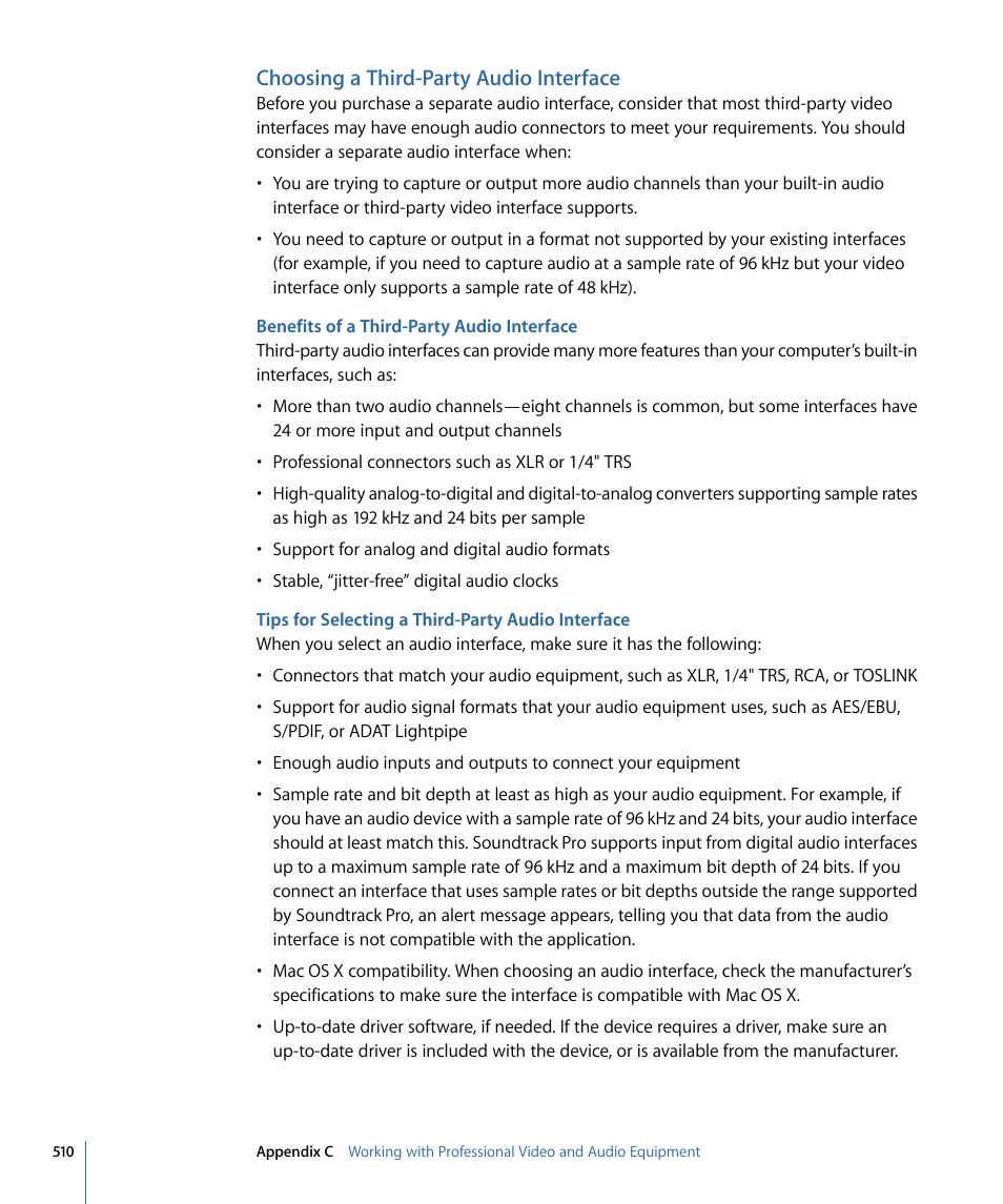 Choosing a third-party audio interface, Benefits of a third-party audio interface, Tips for selecting a third-party audio interface | Apple Soundtrack Pro 3 User Manual | Page 510 / 542