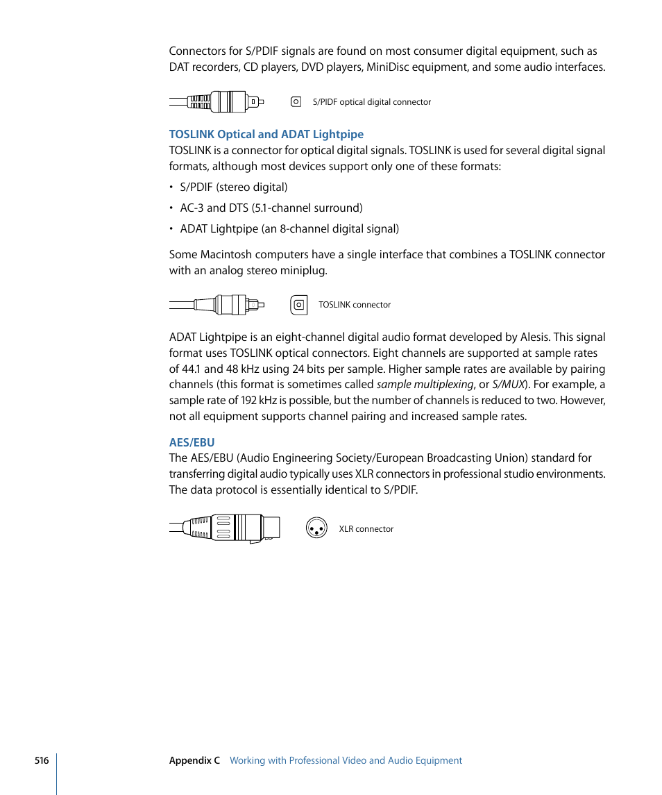 Toslink optical and adat lightpipe, Aes/ebu | Apple Soundtrack Pro 3 User Manual | Page 516 / 542