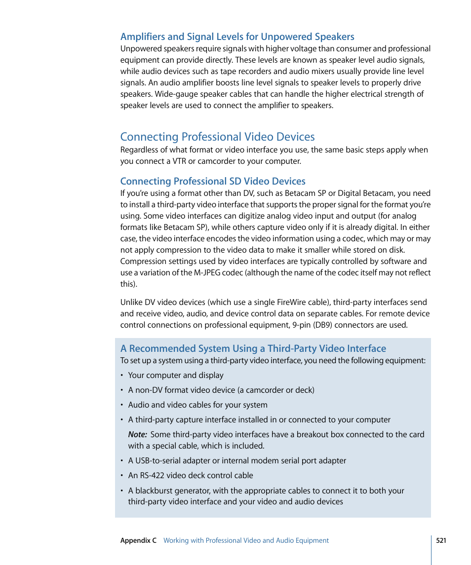 Connecting professional video devices, Connecting professional sd video devices, Connecting | Professional video devices | Apple Soundtrack Pro 3 User Manual | Page 521 / 542
