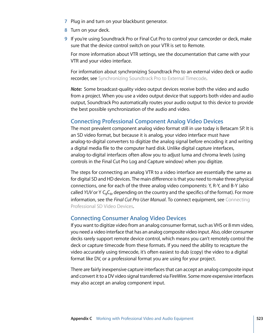 Connecting consumer analog video devices | Apple Soundtrack Pro 3 User Manual | Page 523 / 542