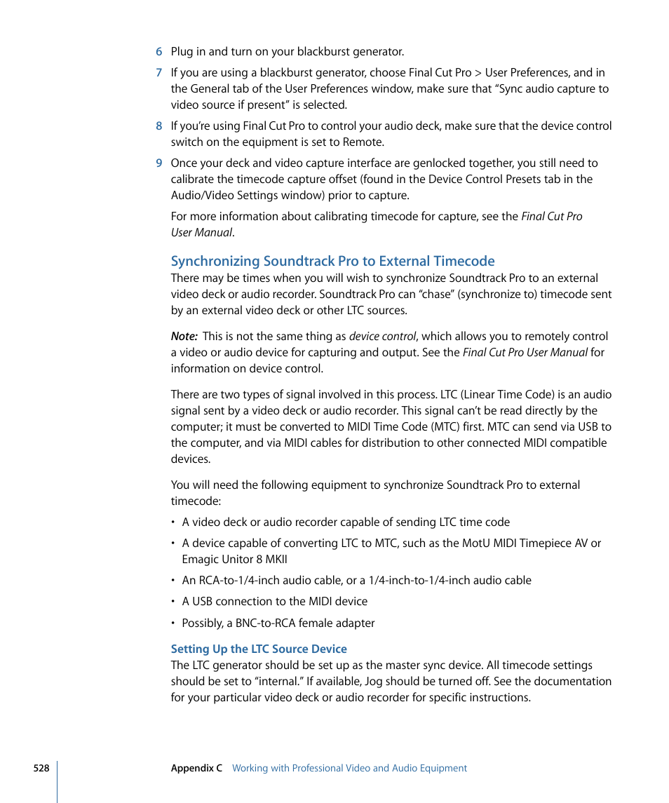 Synchronizing soundtrack pro to external timecode, Setting up the ltc source device | Apple Soundtrack Pro 3 User Manual | Page 528 / 542