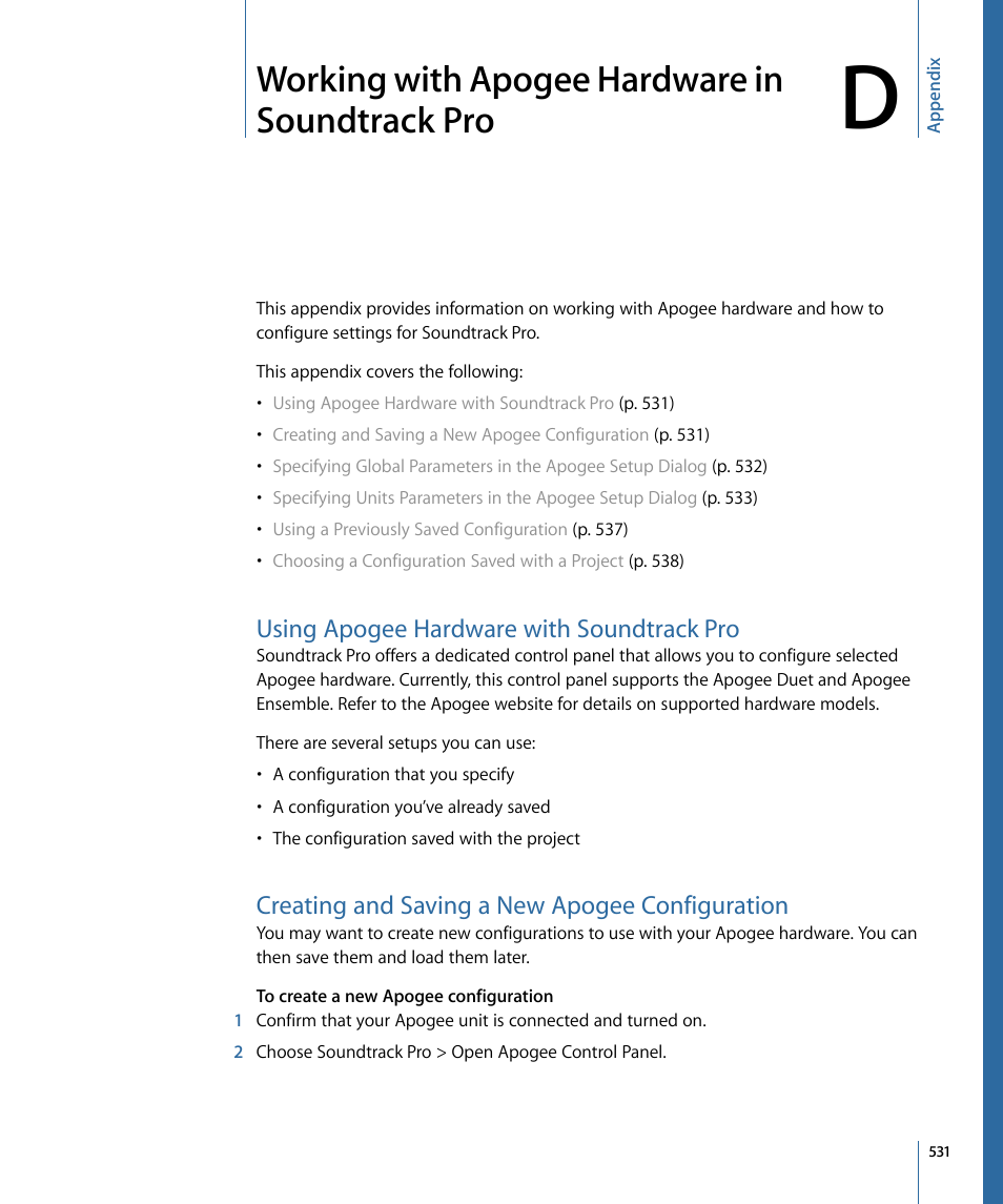 Using apogee hardware with soundtrack pro, Creating and saving a new apogee configuration, Working with apogee hardware in soundtrack pro | Apple Soundtrack Pro 3 User Manual | Page 531 / 542