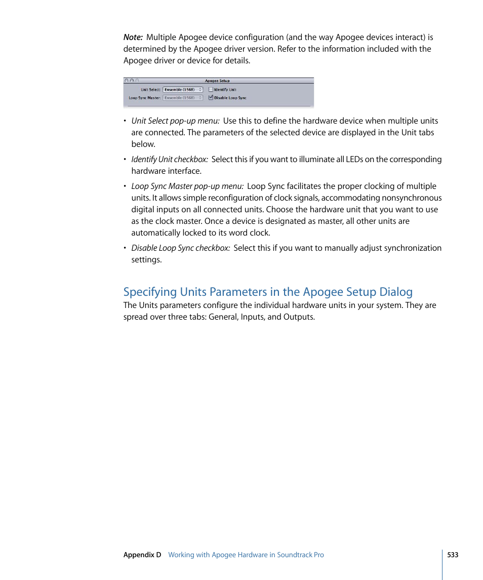 Specifying, Units parameters in the apogee setup dialog | Apple Soundtrack Pro 3 User Manual | Page 533 / 542