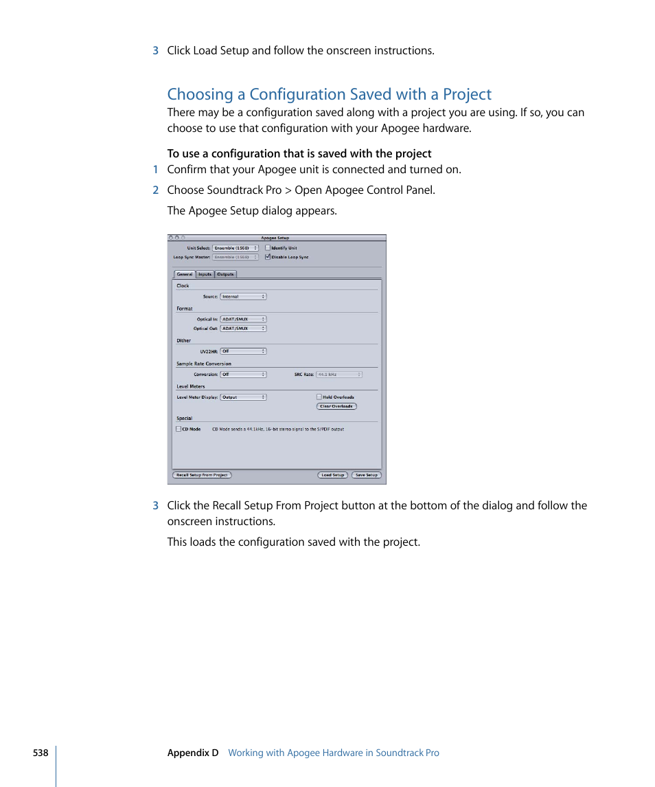 Choosing a configuration saved with a project | Apple Soundtrack Pro 3 User Manual | Page 538 / 542