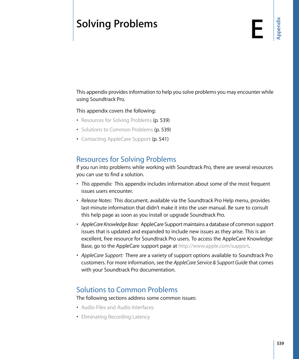 Appendix e: solving problems, Resources for solving problems, Solutions to common problems | Solving problems | Apple Soundtrack Pro 3 User Manual | Page 539 / 542