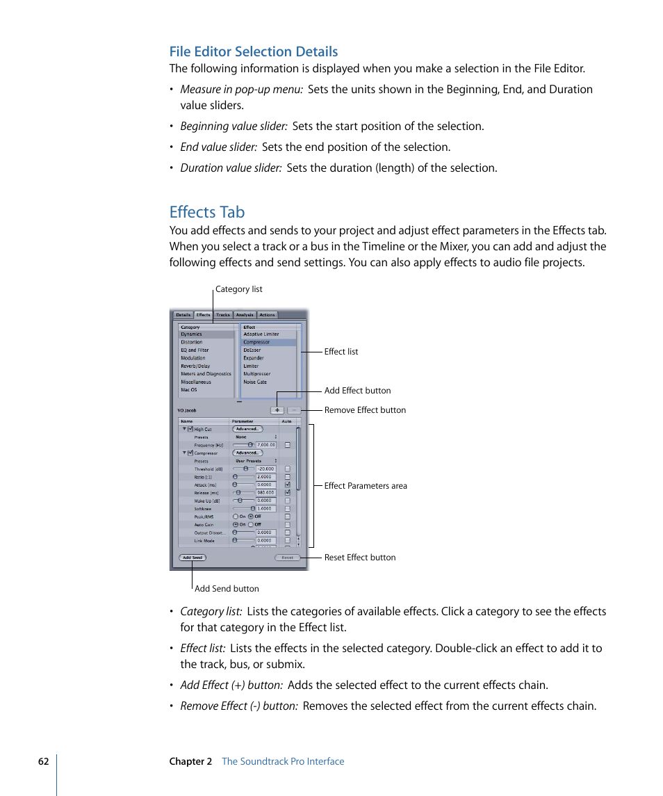 File editor selection details, Effects tab | Apple Soundtrack Pro 3 User Manual | Page 62 / 542