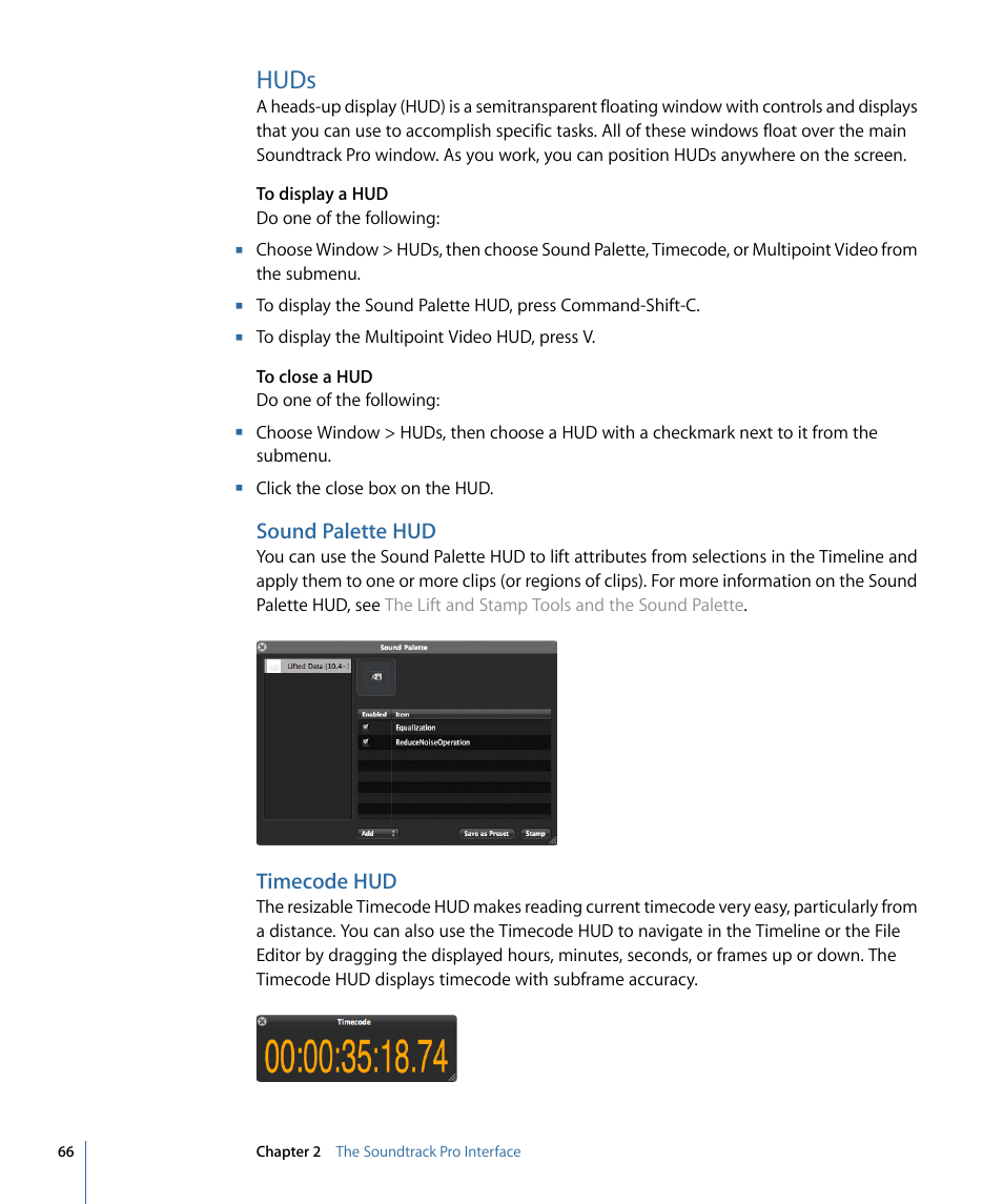 Huds, Sound palette hud, Timecode hud | Apple Soundtrack Pro 3 User Manual | Page 66 / 542