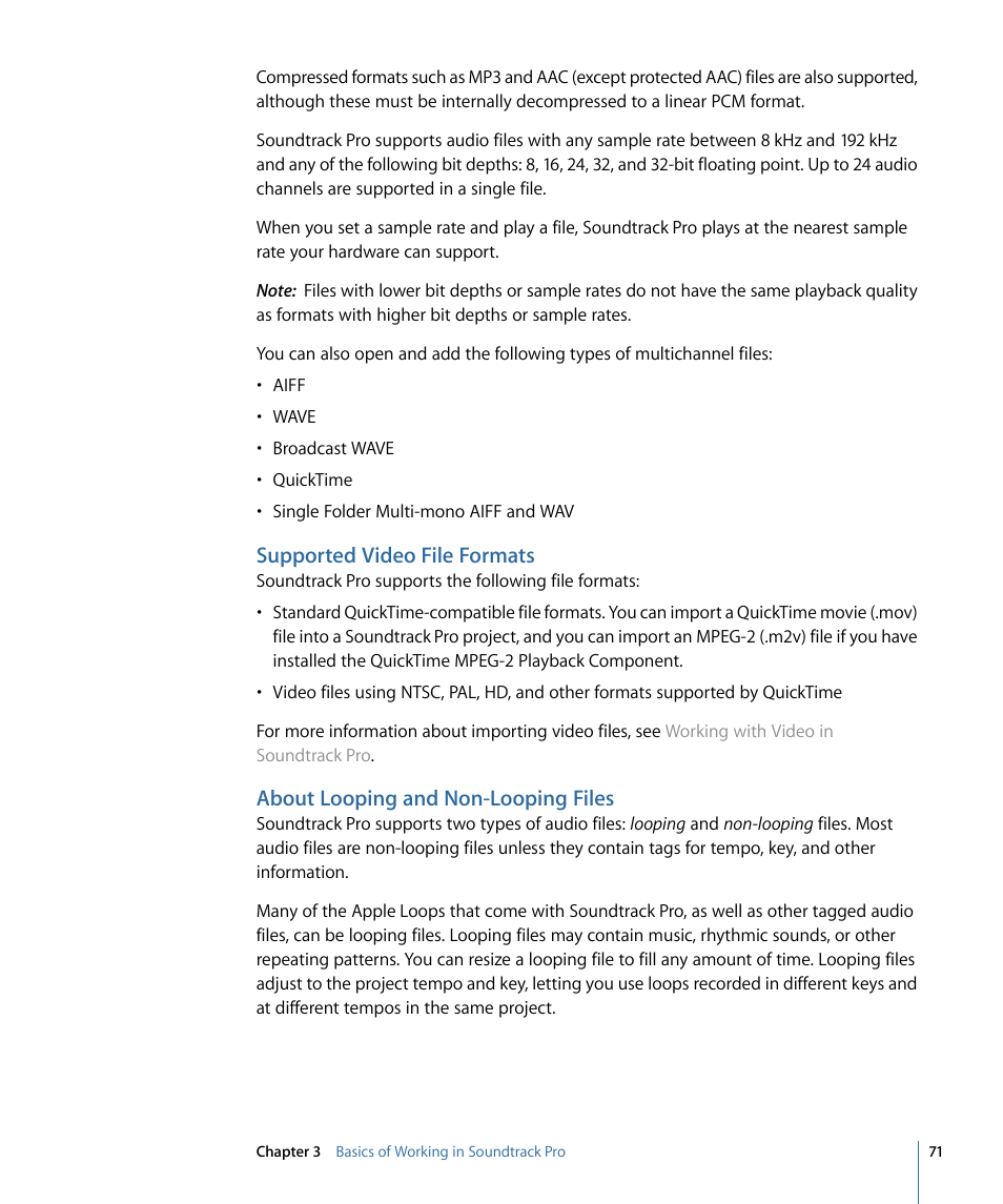 Supported video file formats, About looping and non-looping files | Apple Soundtrack Pro 3 User Manual | Page 71 / 542