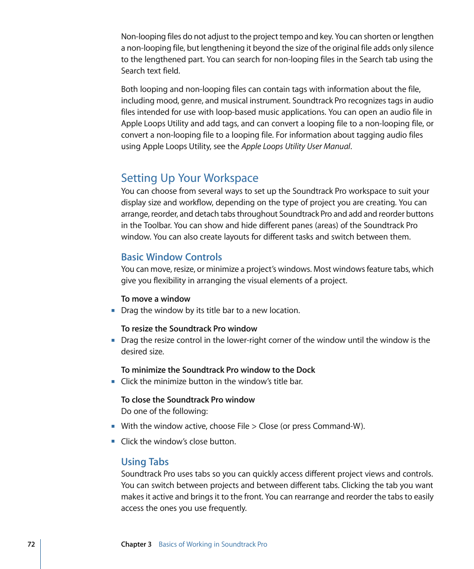 Setting up your workspace, Basic window controls, Using tabs | Apple Soundtrack Pro 3 User Manual | Page 72 / 542