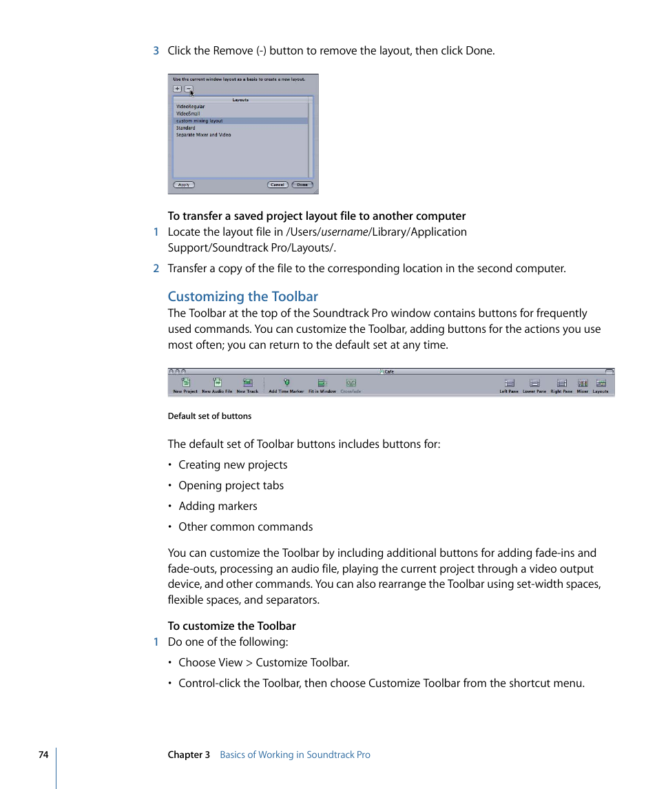 Customizing the toolbar | Apple Soundtrack Pro 3 User Manual | Page 74 / 542