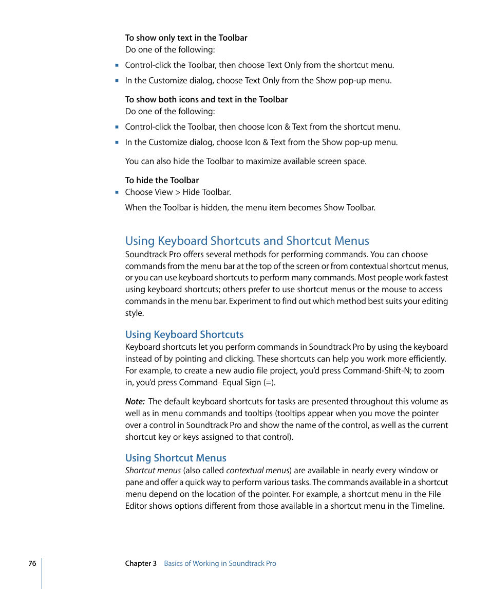 Using keyboard shortcuts and shortcut menus, Using keyboard shortcuts, Using shortcut menus | Apple Soundtrack Pro 3 User Manual | Page 76 / 542