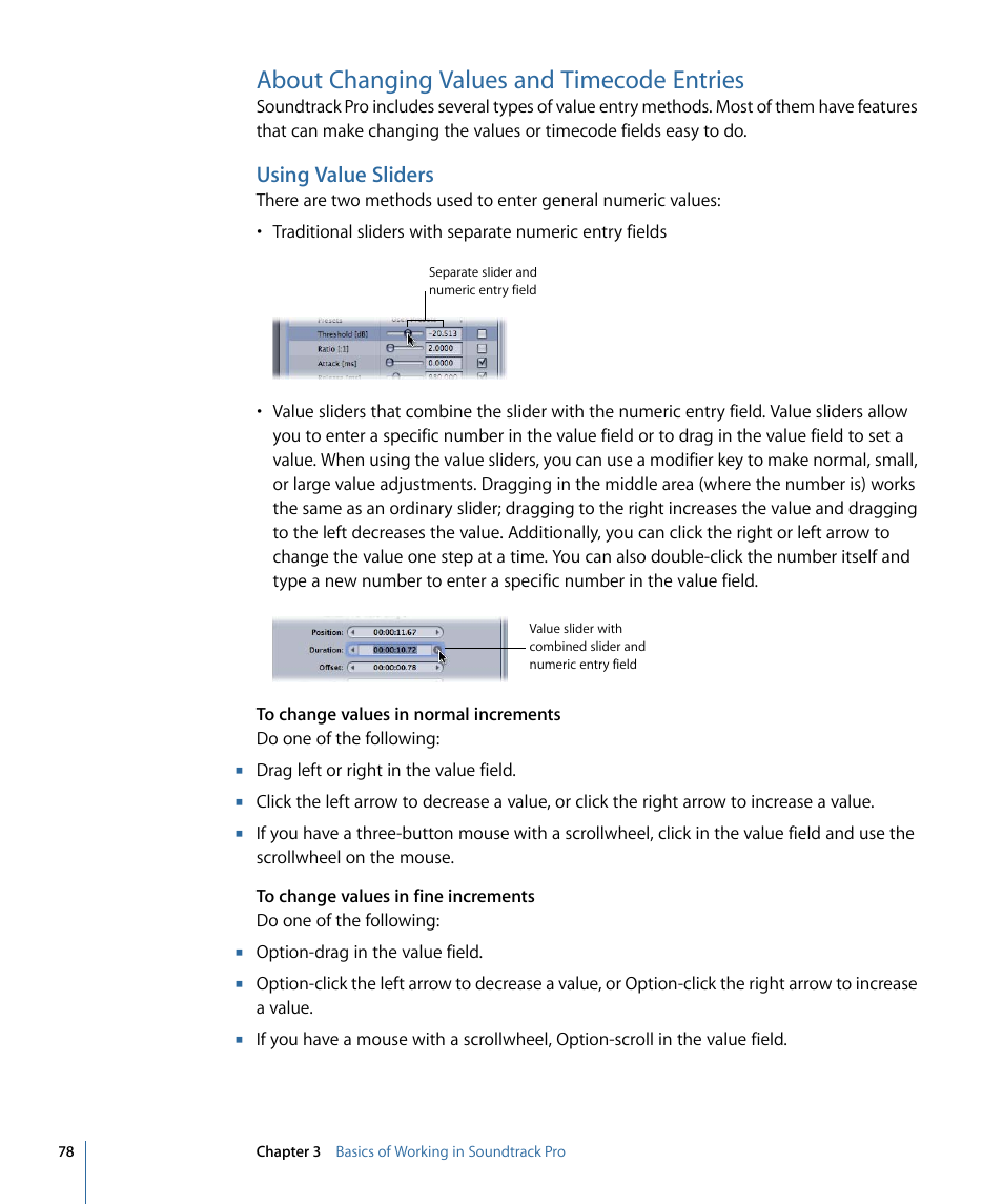 About changing values and timecode entries, Using value sliders | Apple Soundtrack Pro 3 User Manual | Page 78 / 542