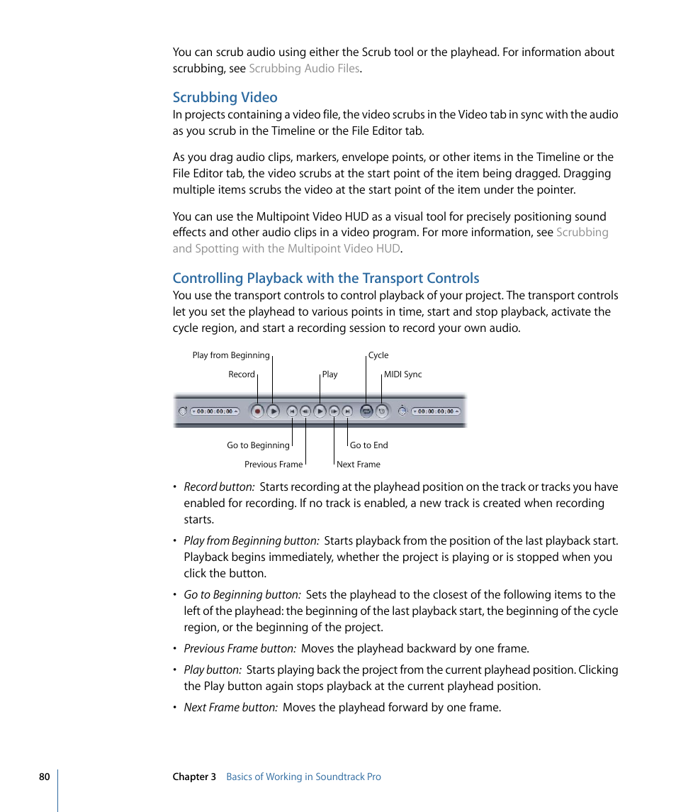 Scrubbing video, Controlling playback with the transport controls | Apple Soundtrack Pro 3 User Manual | Page 80 / 542