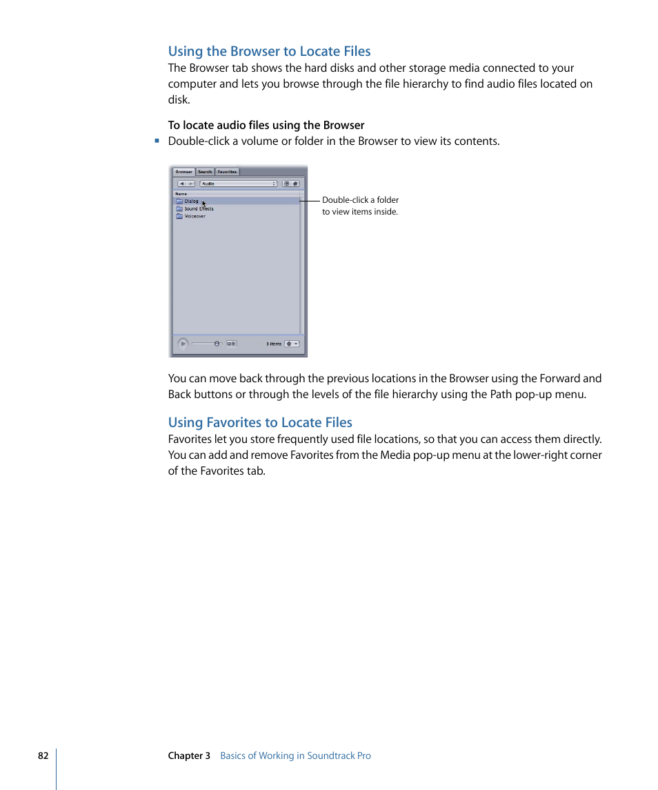 Using the browser to locate files, Using favorites to locate files | Apple Soundtrack Pro 3 User Manual | Page 82 / 542