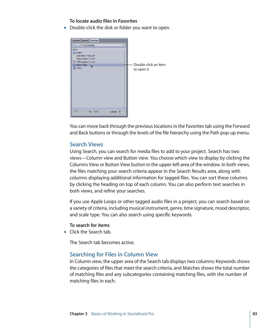 Search views, Searching for files in column view | Apple Soundtrack Pro 3 User Manual | Page 83 / 542