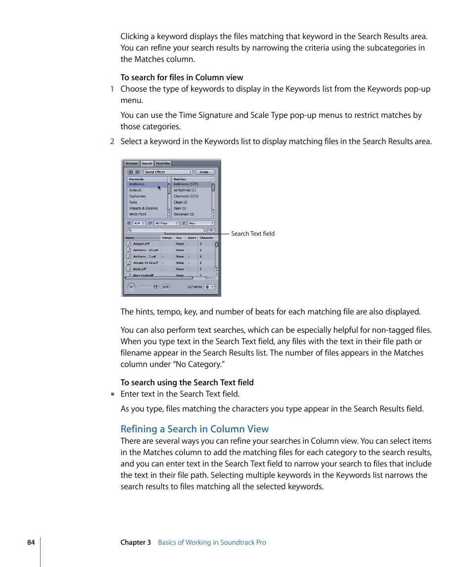 Refining a search in column view | Apple Soundtrack Pro 3 User Manual | Page 84 / 542