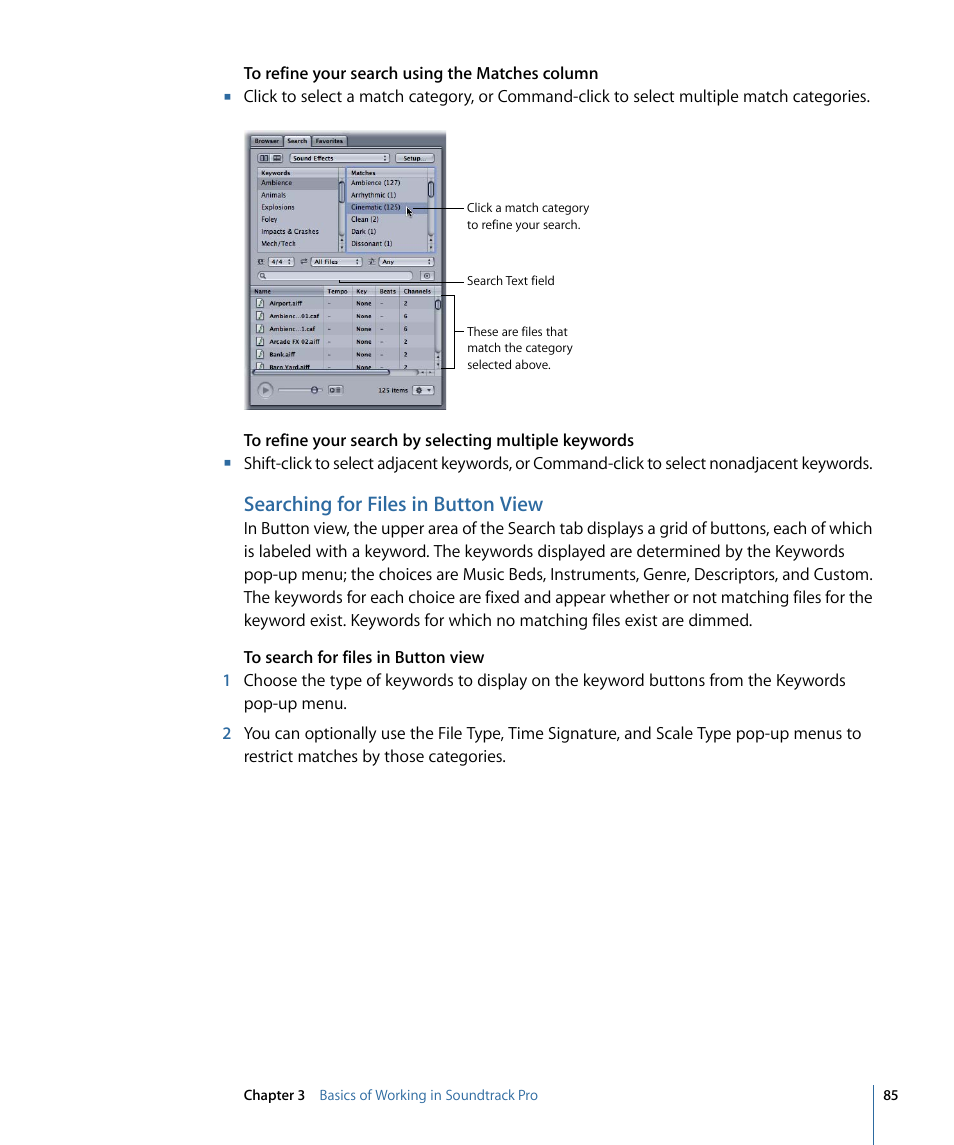 Searching for files in button view | Apple Soundtrack Pro 3 User Manual | Page 85 / 542