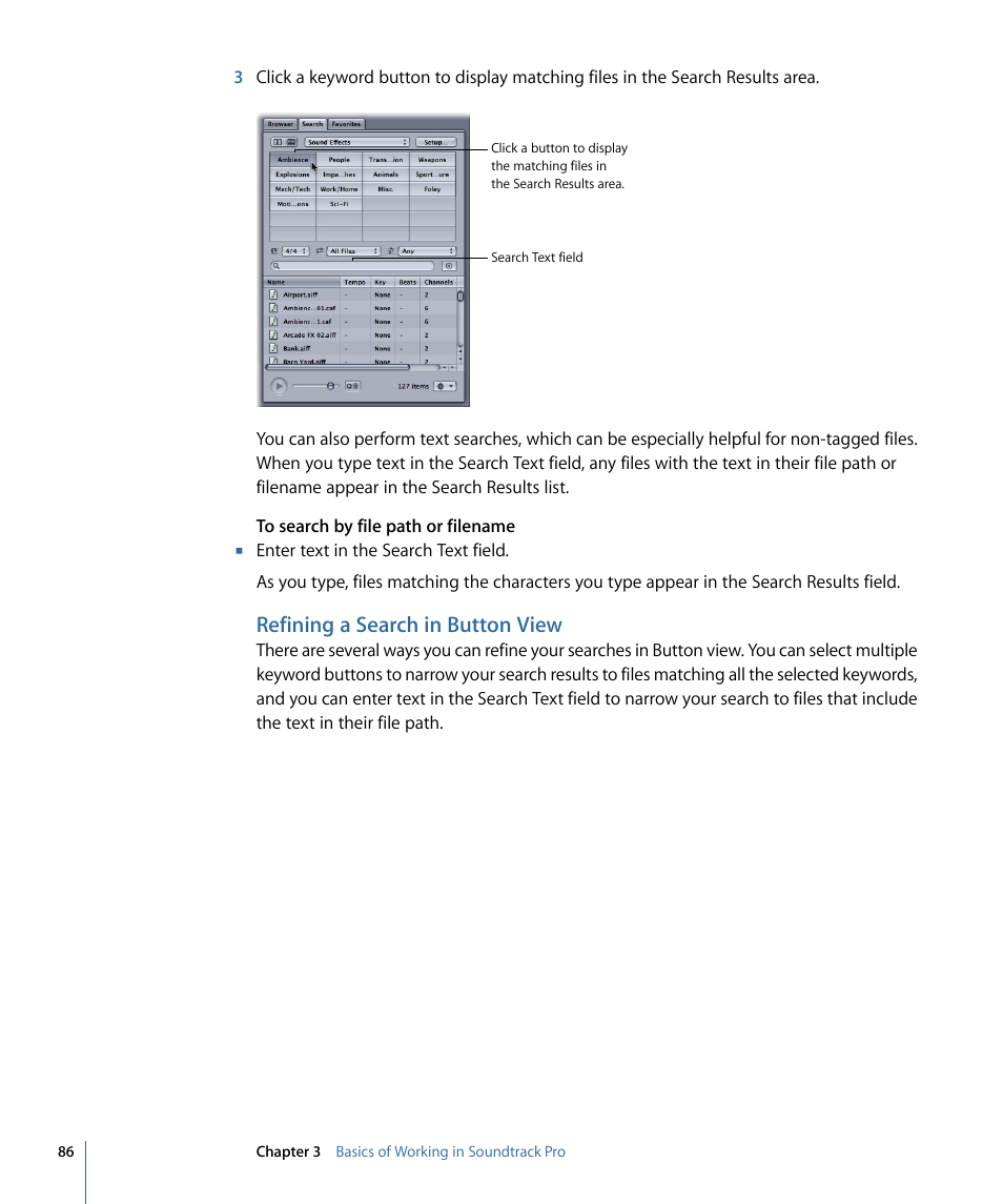 Refining a search in button view | Apple Soundtrack Pro 3 User Manual | Page 86 / 542