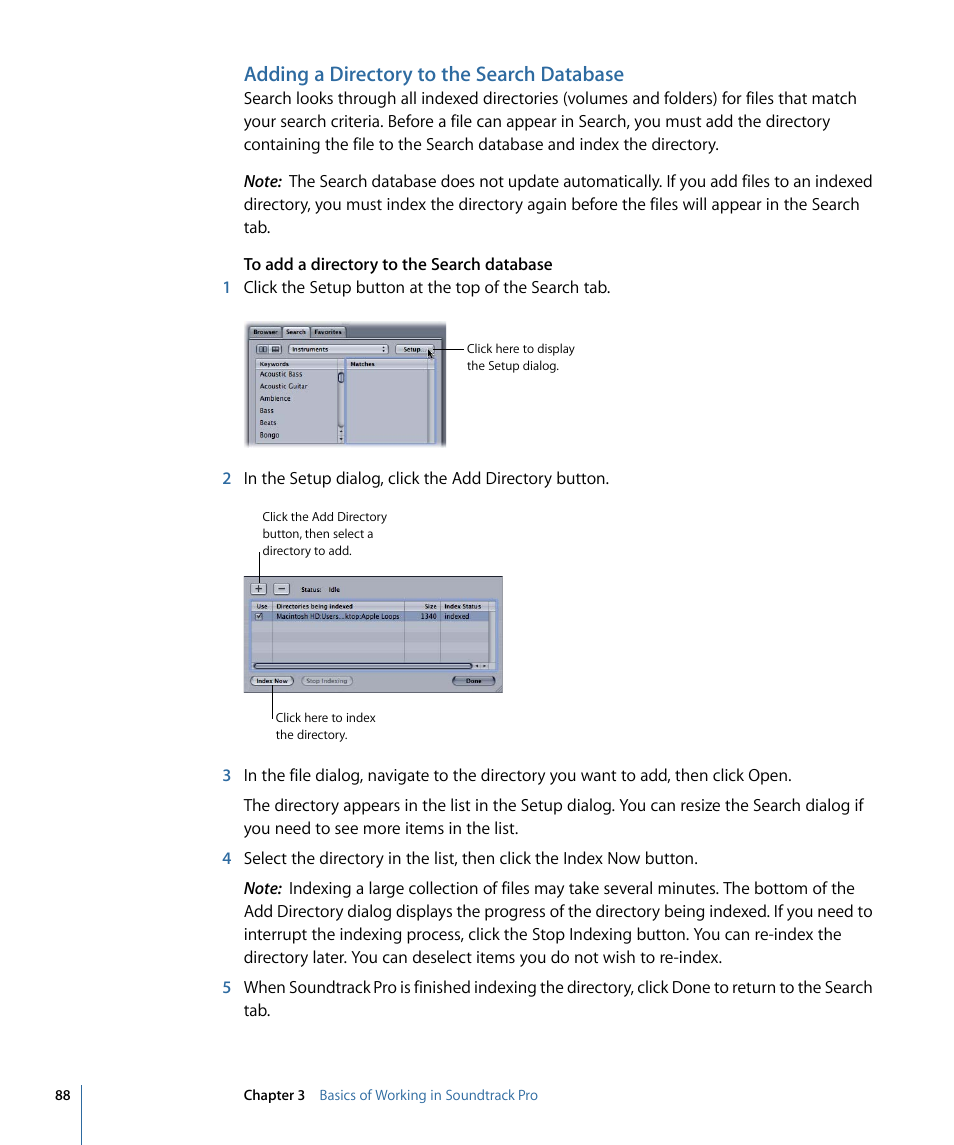 Adding a directory to the search database | Apple Soundtrack Pro 3 User Manual | Page 88 / 542
