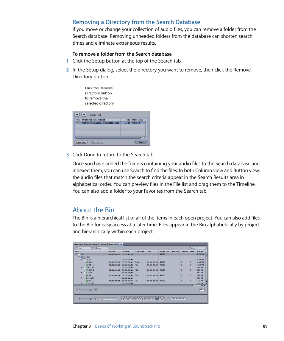 Removing a directory from the search database, About the bin | Apple Soundtrack Pro 3 User Manual | Page 89 / 542