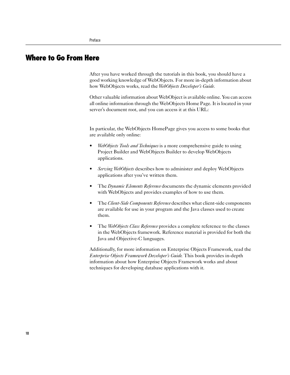 Where to go from here, Where to go from here 10 | Apple WebObjects 3.5 User Manual | Page 10 / 120