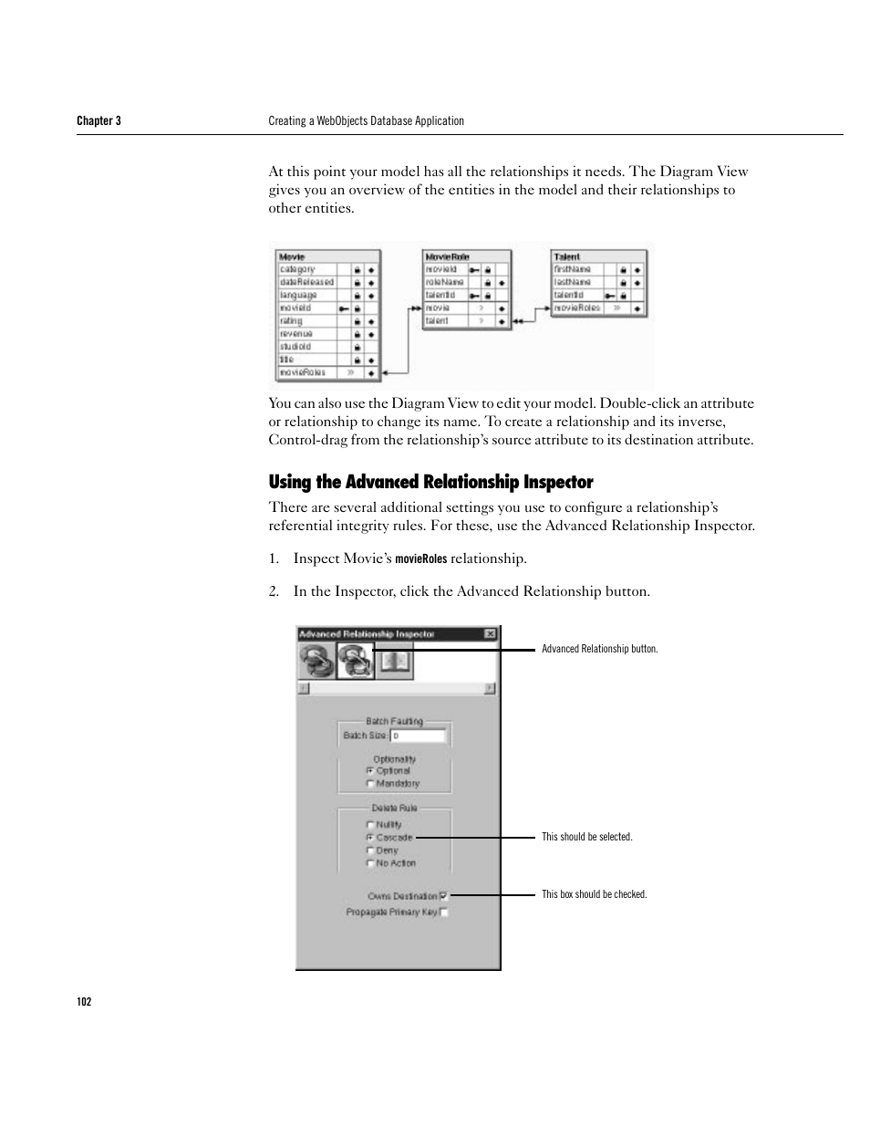 Using the advanced relationship inspector, Using the advanced relationship inspector 102 | Apple WebObjects 3.5 User Manual | Page 102 / 120