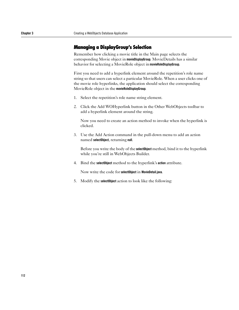 Managing a displaygroup’s selection, Managing a displaygroup’s selection 112 | Apple WebObjects 3.5 User Manual | Page 112 / 120