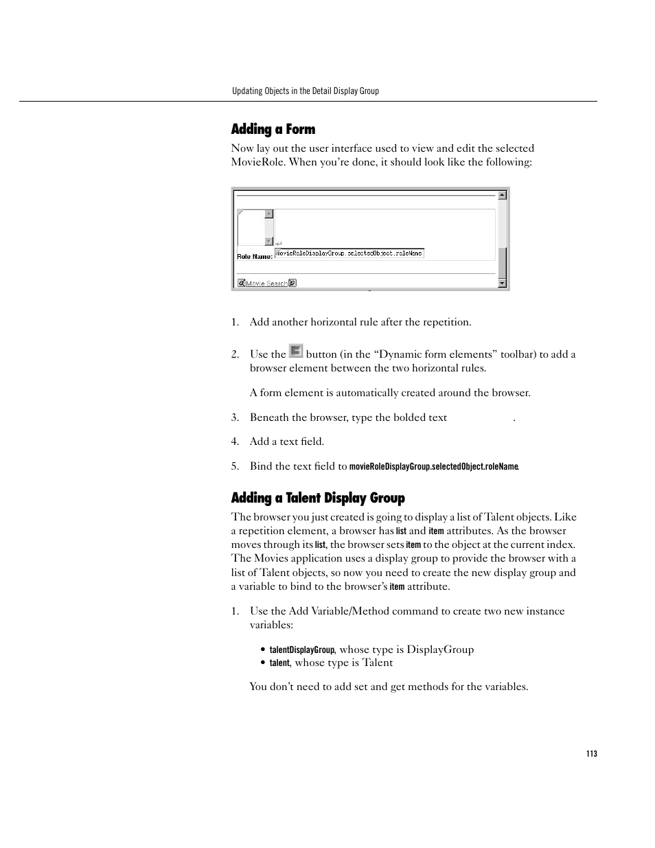 Adding a form, Adding a talent display group, Adding a form 113 | Adding a talent display group 113 | Apple WebObjects 3.5 User Manual | Page 113 / 120