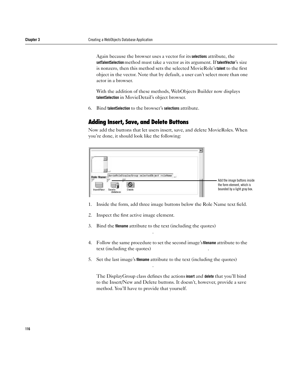 Adding insert, save, and delete buttons, Adding insert, save, and delete buttons 116 | Apple WebObjects 3.5 User Manual | Page 116 / 120
