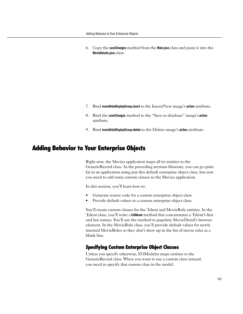 Adding behavior to your enterprise objects, Specifying custom enterprise object classes, Adding behavior to your enterprise objects 117 | Specifying custom enterprise object classes 117 | Apple WebObjects 3.5 User Manual | Page 117 / 120