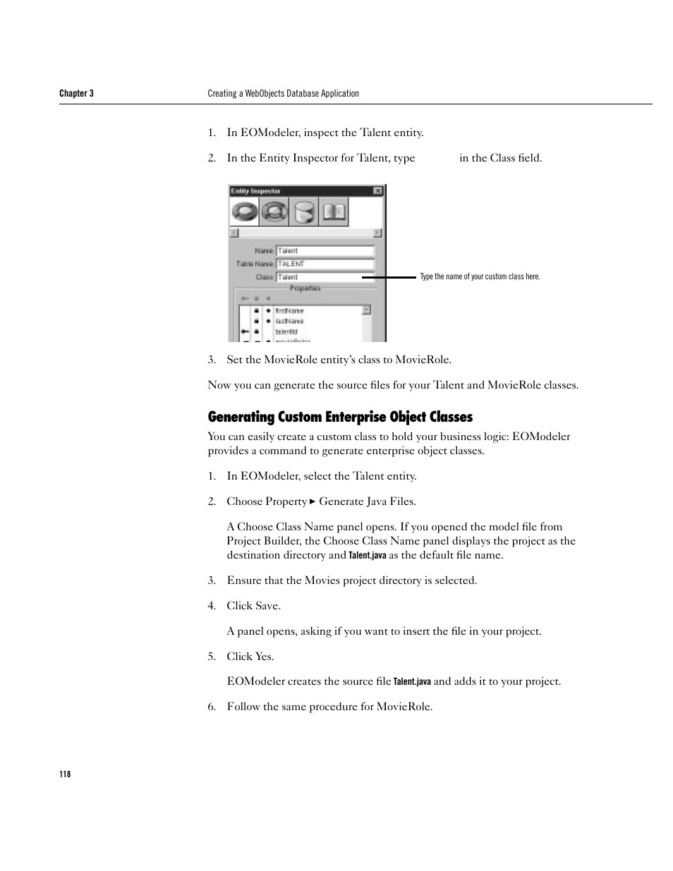 Generating custom enterprise object classes, Generating custom enterprise object classes 118 | Apple WebObjects 3.5 User Manual | Page 118 / 120