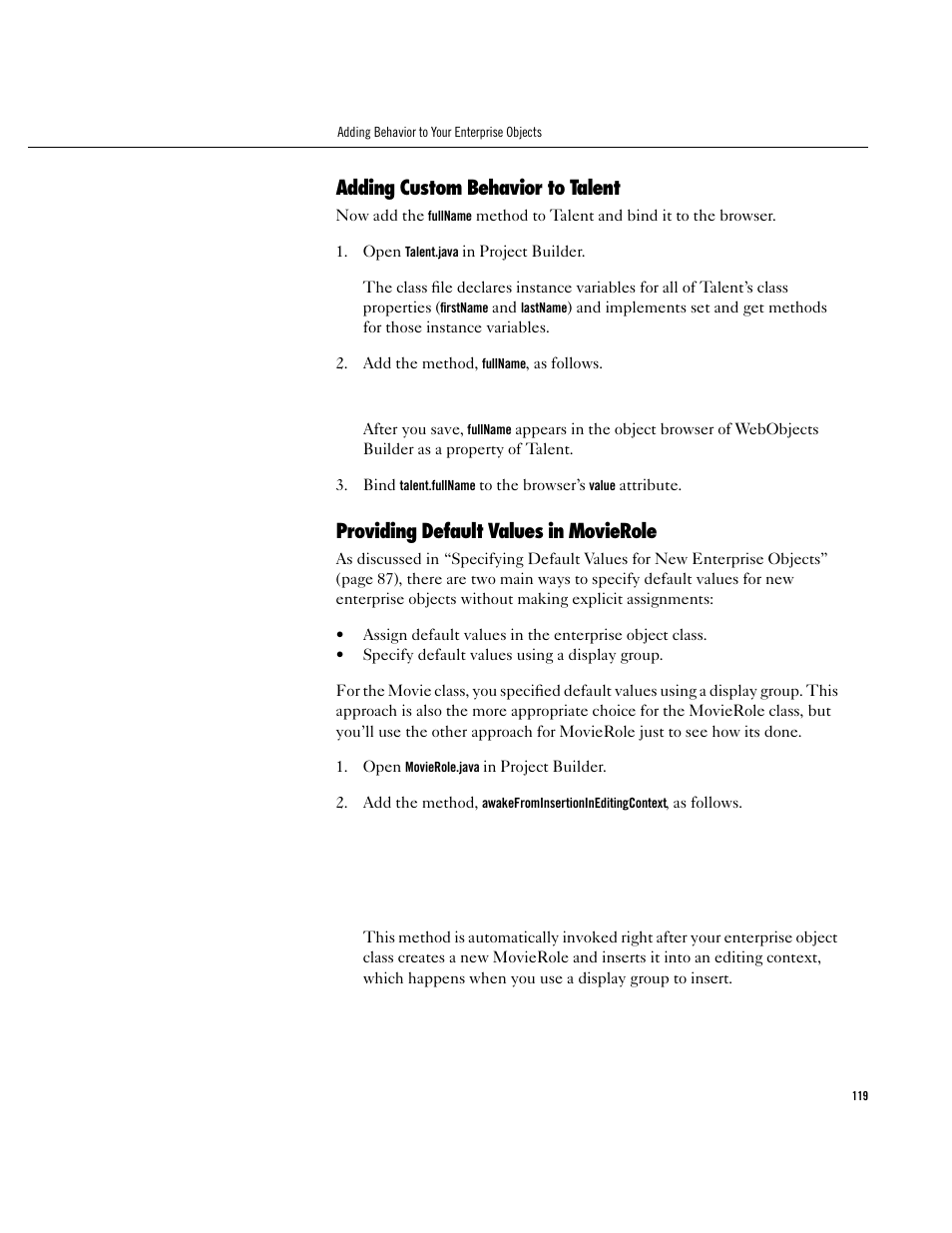 Adding custom behavior to talent, Providing default values in movierole, Adding custom behavior to talent 119 | Providing default values in movierole 119 | Apple WebObjects 3.5 User Manual | Page 119 / 120