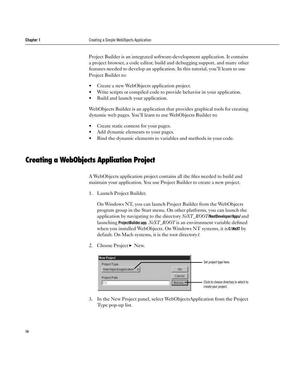 Creating a webobjects application project, Creating a webobjects application project 14 | Apple WebObjects 3.5 User Manual | Page 14 / 120
