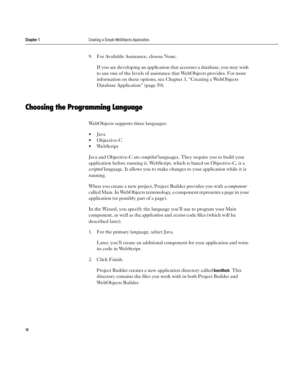 Choosing the programming language, Choosing the programming language 16 | Apple WebObjects 3.5 User Manual | Page 16 / 120