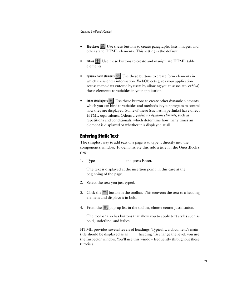 Entering static text, Entering static text 21 | Apple WebObjects 3.5 User Manual | Page 21 / 120