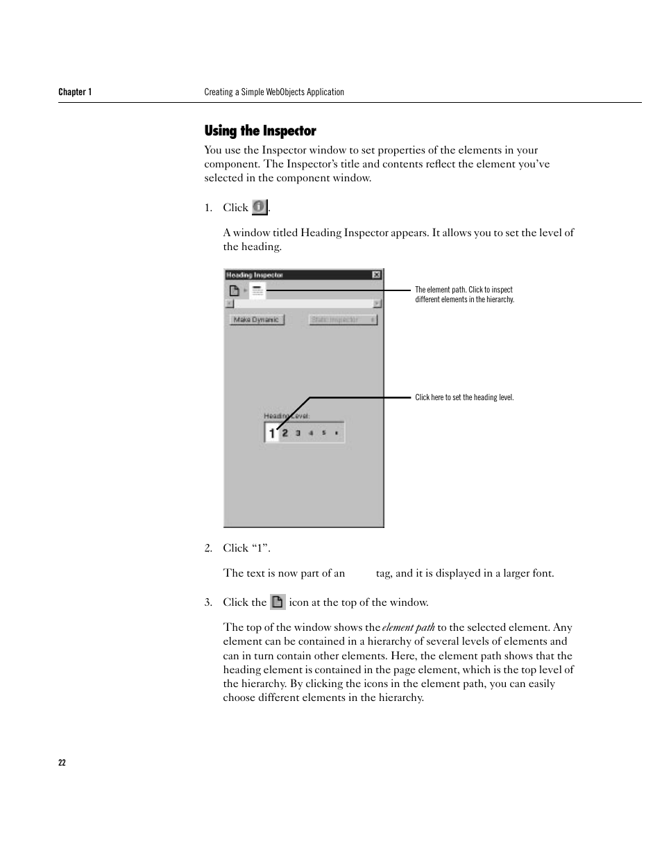 Using the inspector, Using the inspector 22 | Apple WebObjects 3.5 User Manual | Page 22 / 120