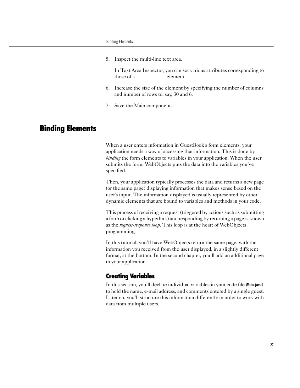 Binding elements, Creating variables, Binding elements 27 | Creating variables 27 | Apple WebObjects 3.5 User Manual | Page 27 / 120