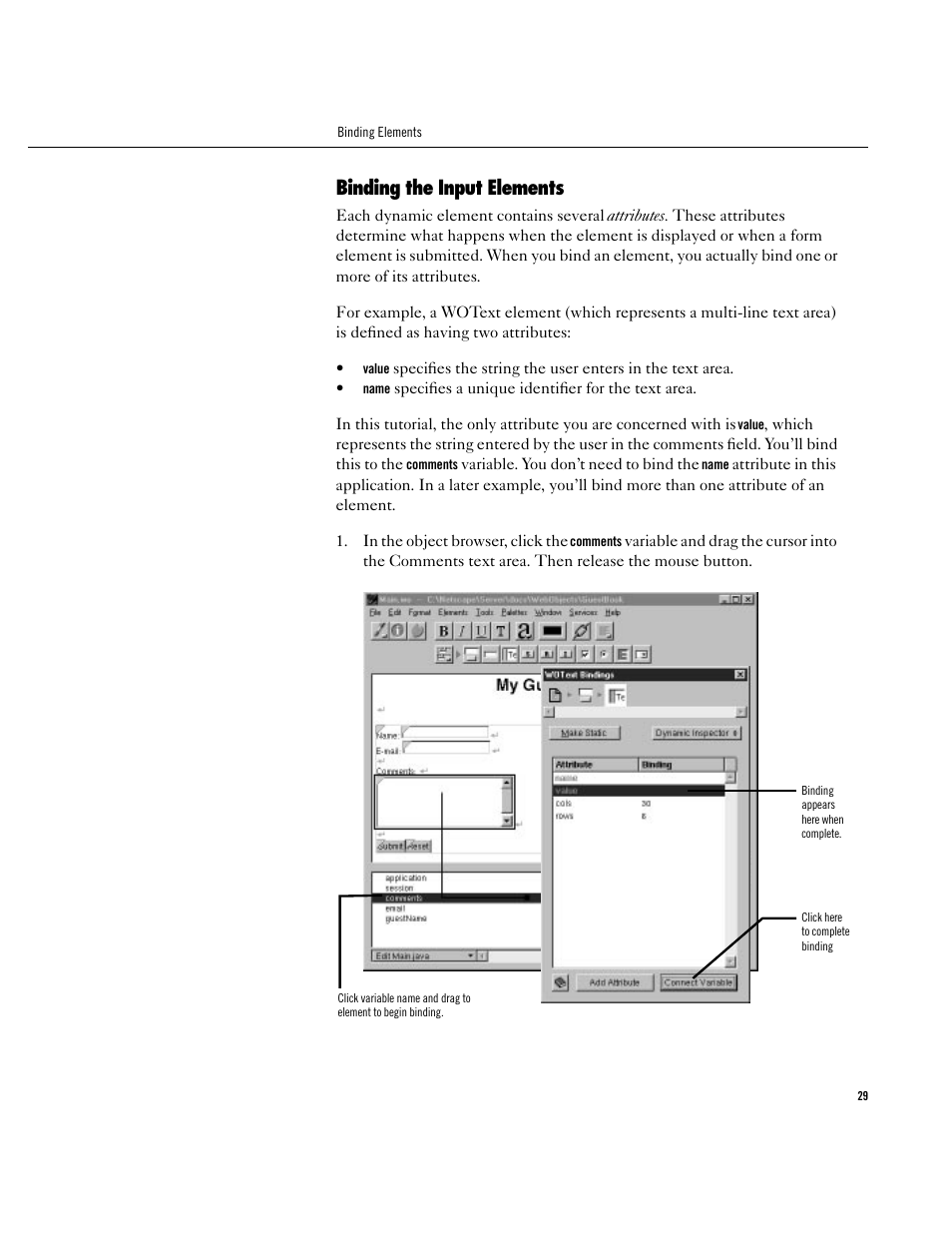 Binding the input elements, Binding the input elements 29 | Apple WebObjects 3.5 User Manual | Page 29 / 120