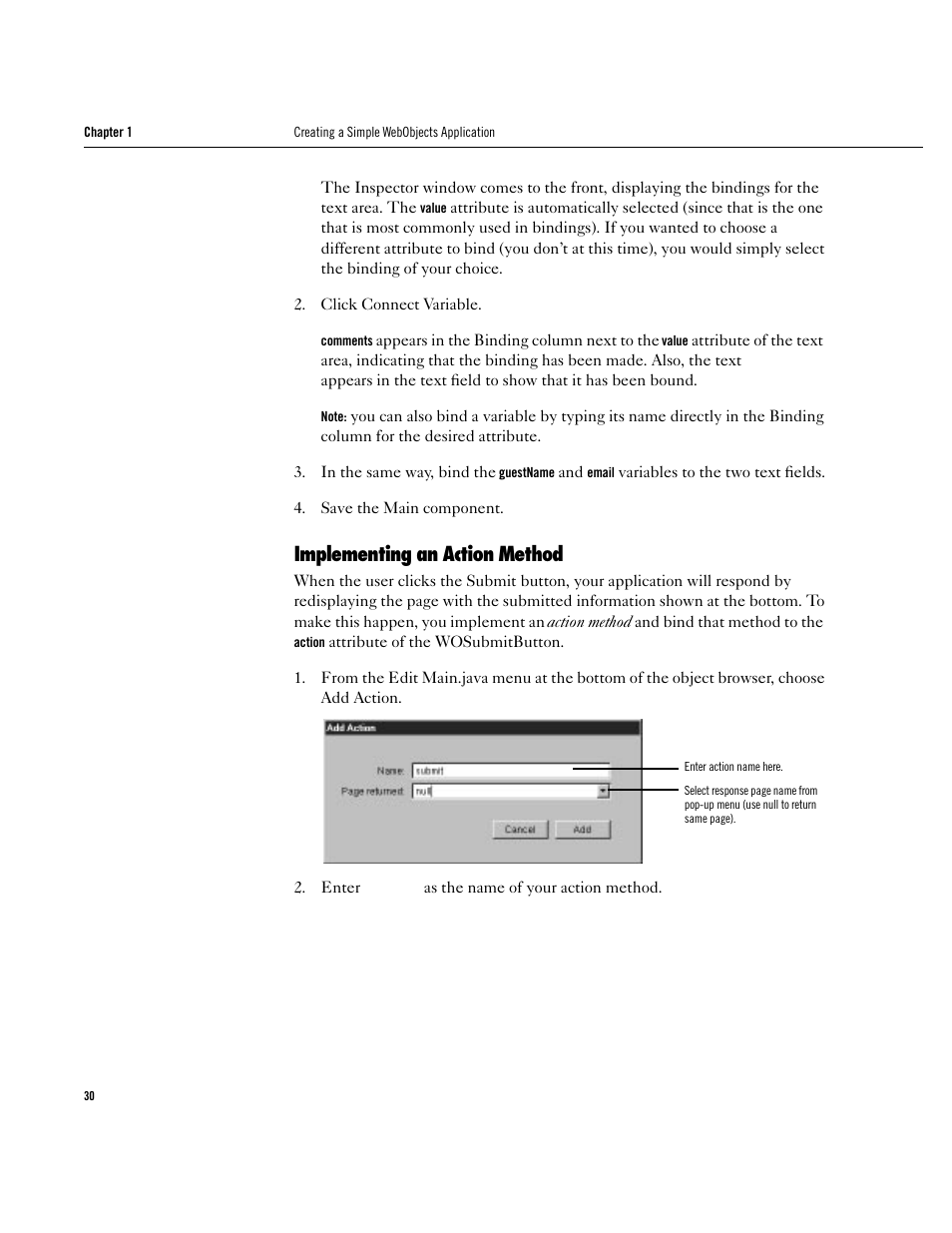 Implementing an action method, Implementing an action method 30 | Apple WebObjects 3.5 User Manual | Page 30 / 120