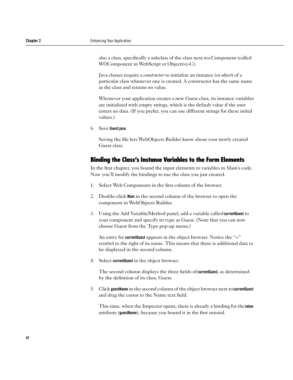 Binding the class’s instance variables to the form | Apple WebObjects 3.5 User Manual | Page 42 / 120