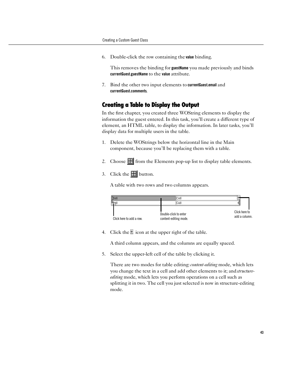 Creating a table to display the output, Creating a table to display the output 43 | Apple WebObjects 3.5 User Manual | Page 43 / 120