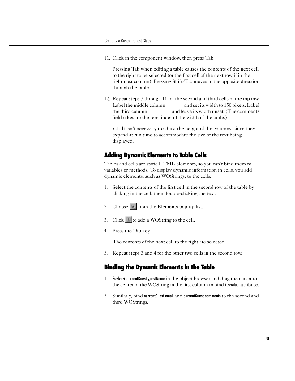 Adding dynamic elements to table cells, Binding the dynamic elements in the table, Adding dynamic elements to table cells 45 | Binding the dynamic elements in the table 45 | Apple WebObjects 3.5 User Manual | Page 45 / 120