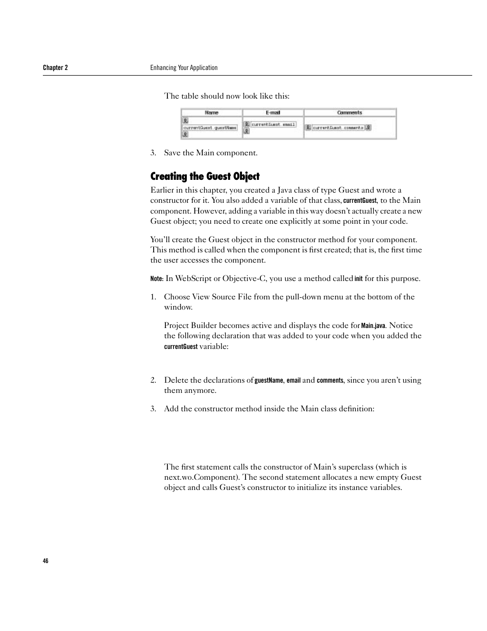 Creating the guest object, Creating the guest object 46 | Apple WebObjects 3.5 User Manual | Page 46 / 120