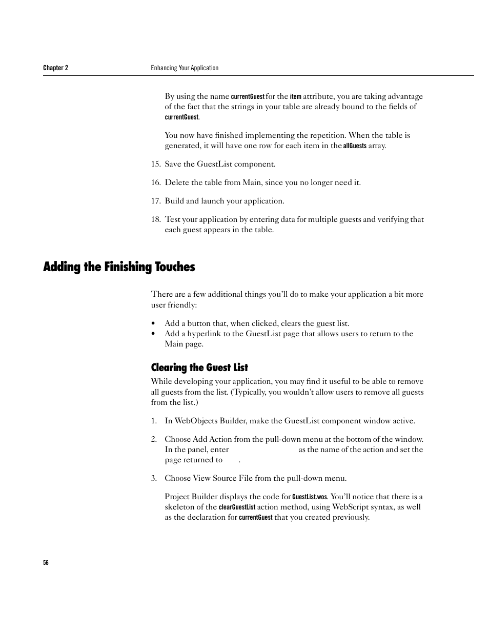 Adding the finishing touches, Clearing the guest list, Adding the finishing touches 56 | Clearing the guest list 56 | Apple WebObjects 3.5 User Manual | Page 56 / 120