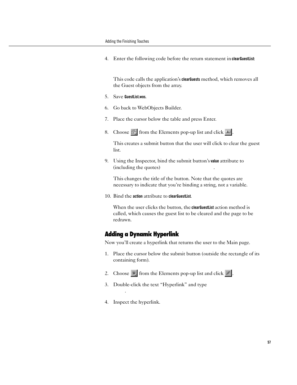 Adding a dynamic hyperlink, Adding a dynamic hyperlink 57 | Apple WebObjects 3.5 User Manual | Page 57 / 120